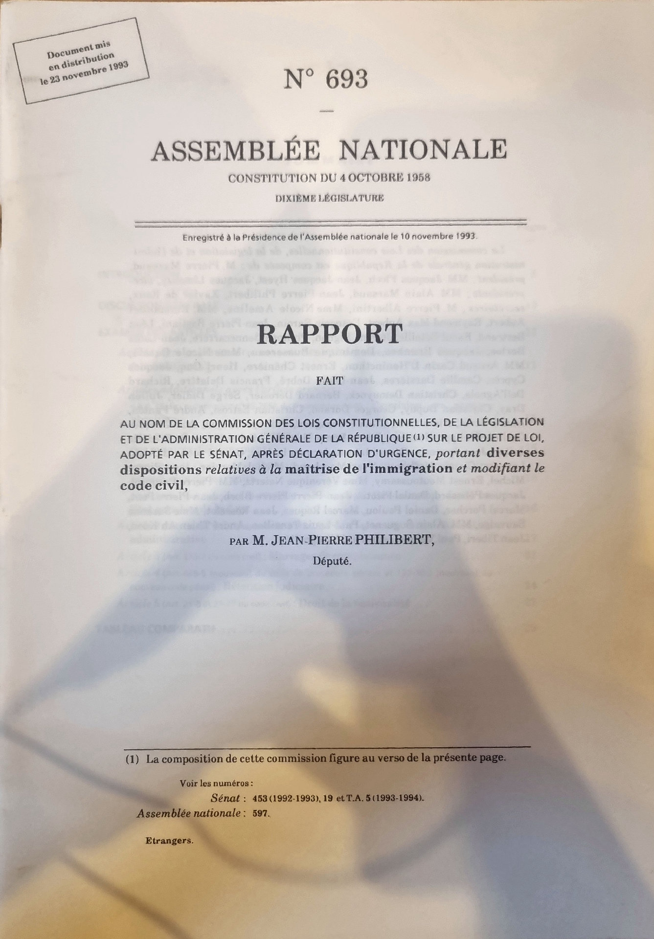 Rapport fait au nom de la Commission des lois constitutionnelles, de la législation et de l&rsquo;administration générale de la République sur le projet de loi, adopté par le Sénat, après déclaration d&rsquo;urgence, portant diverses dispositions relatives à la maîtrise de l&rsquo;immigration et modifiant le code civil