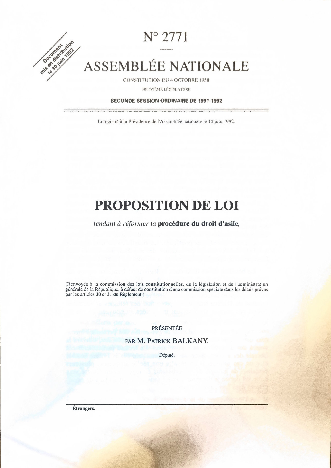PROPOSITION DE LOI tendant à réformer la procédure du droit d&rsquo;asile