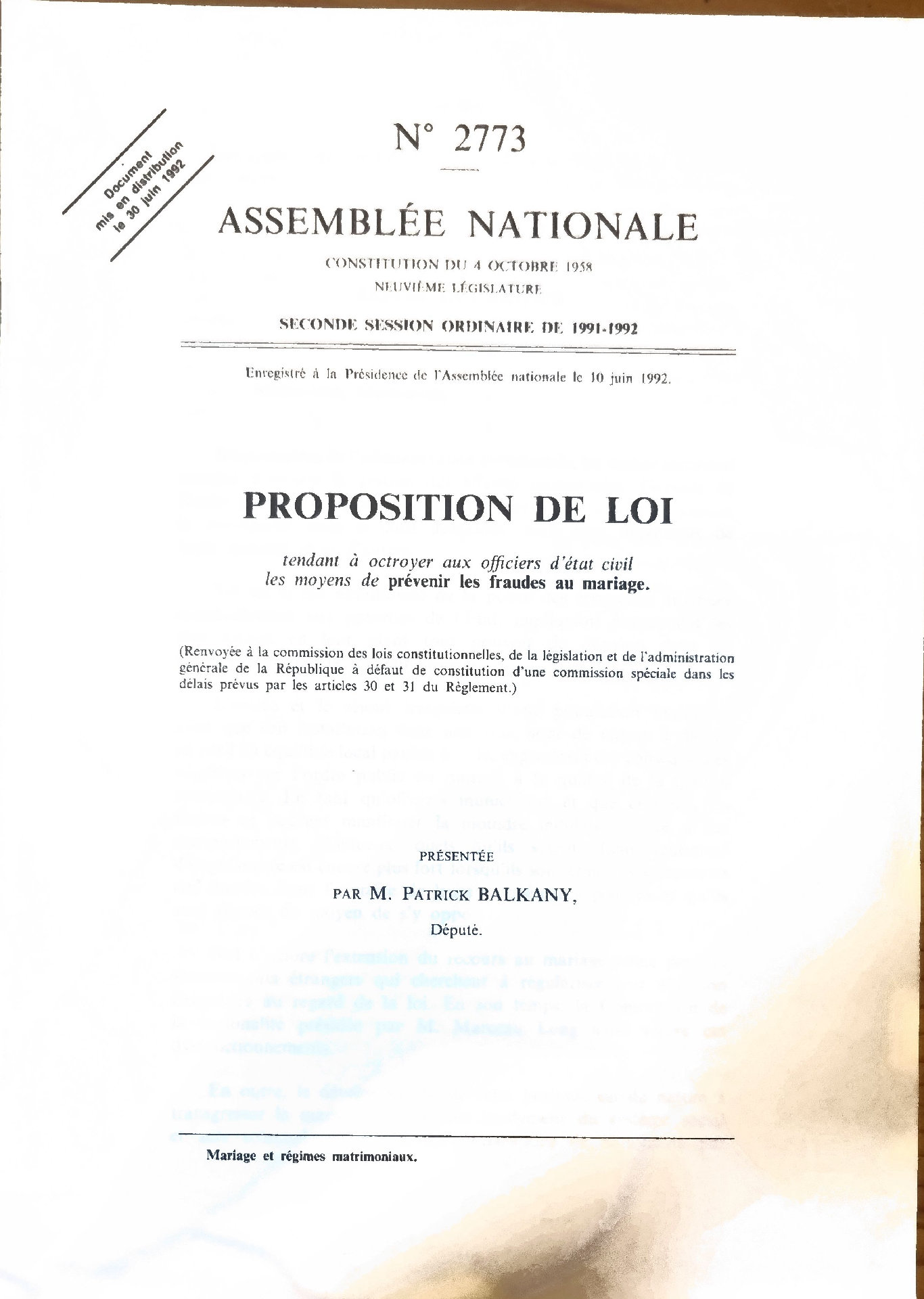 PROPOSITION DE LOI tendant à octroyer aux officiers d&rsquo;état civil les moyens de prévenir les fraudes au mariage.
