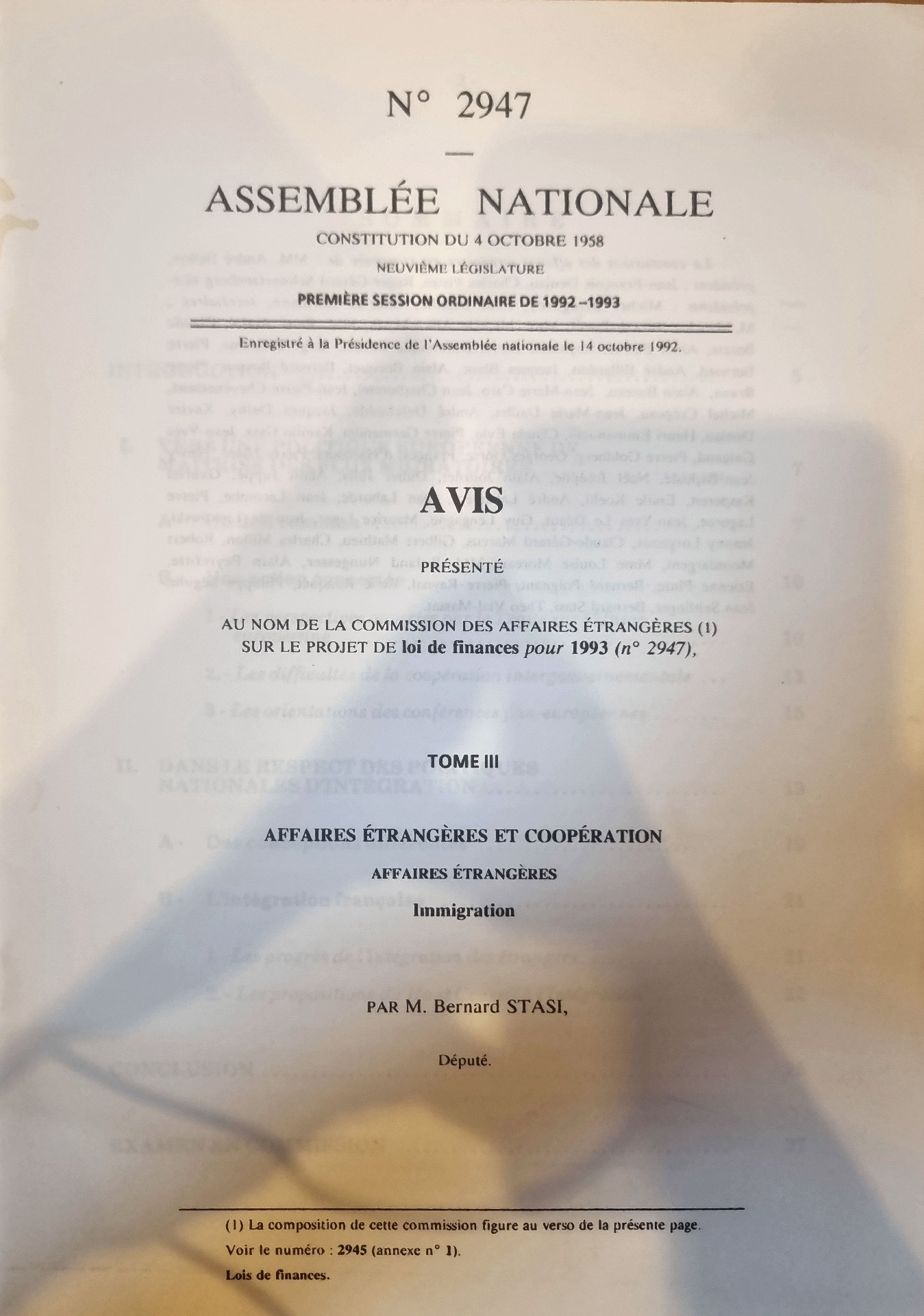 Avis présenté au nom de la Commission des Affaires Étrangères sur le projet de loi de finances pour 1993 (n° 2947) – Tome III : Affaires Étrangères et Coopération, Affaires Étrangères, Immigration