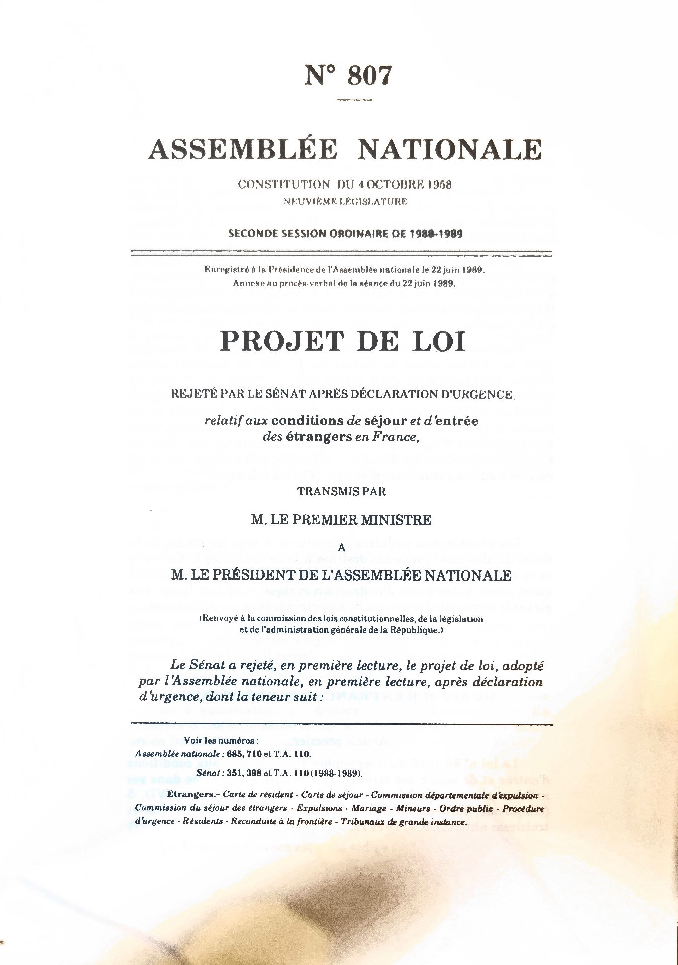 Projet de loi relatif aux conditions de séjour et d&rsquo;entrée des étrangers en France