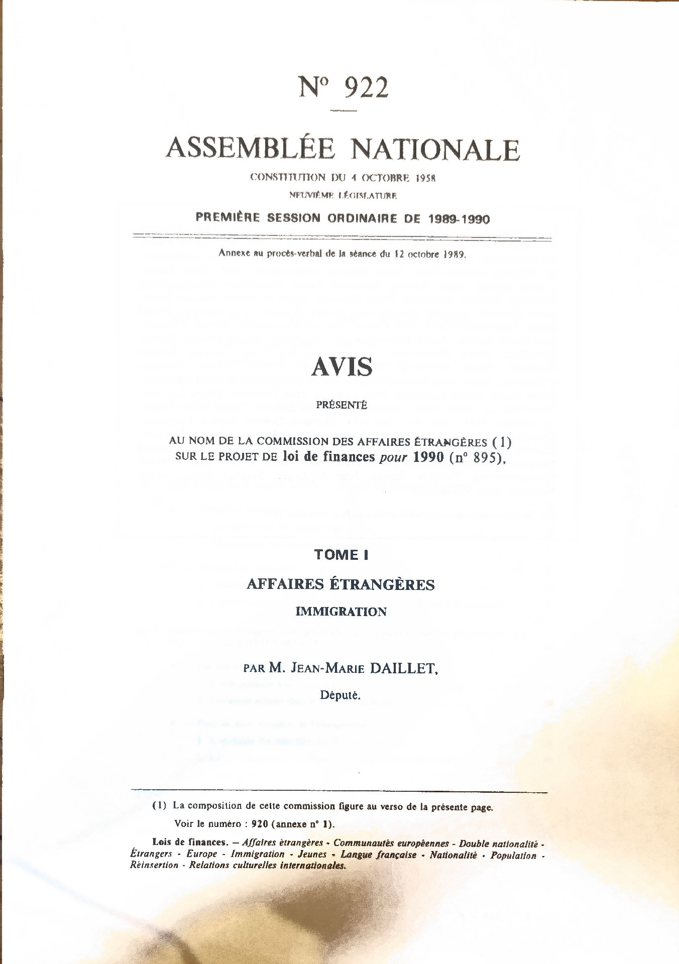Avis sur le projet de loi de finances pour 1990. Tome I : Affaires Étrangères – Immigration