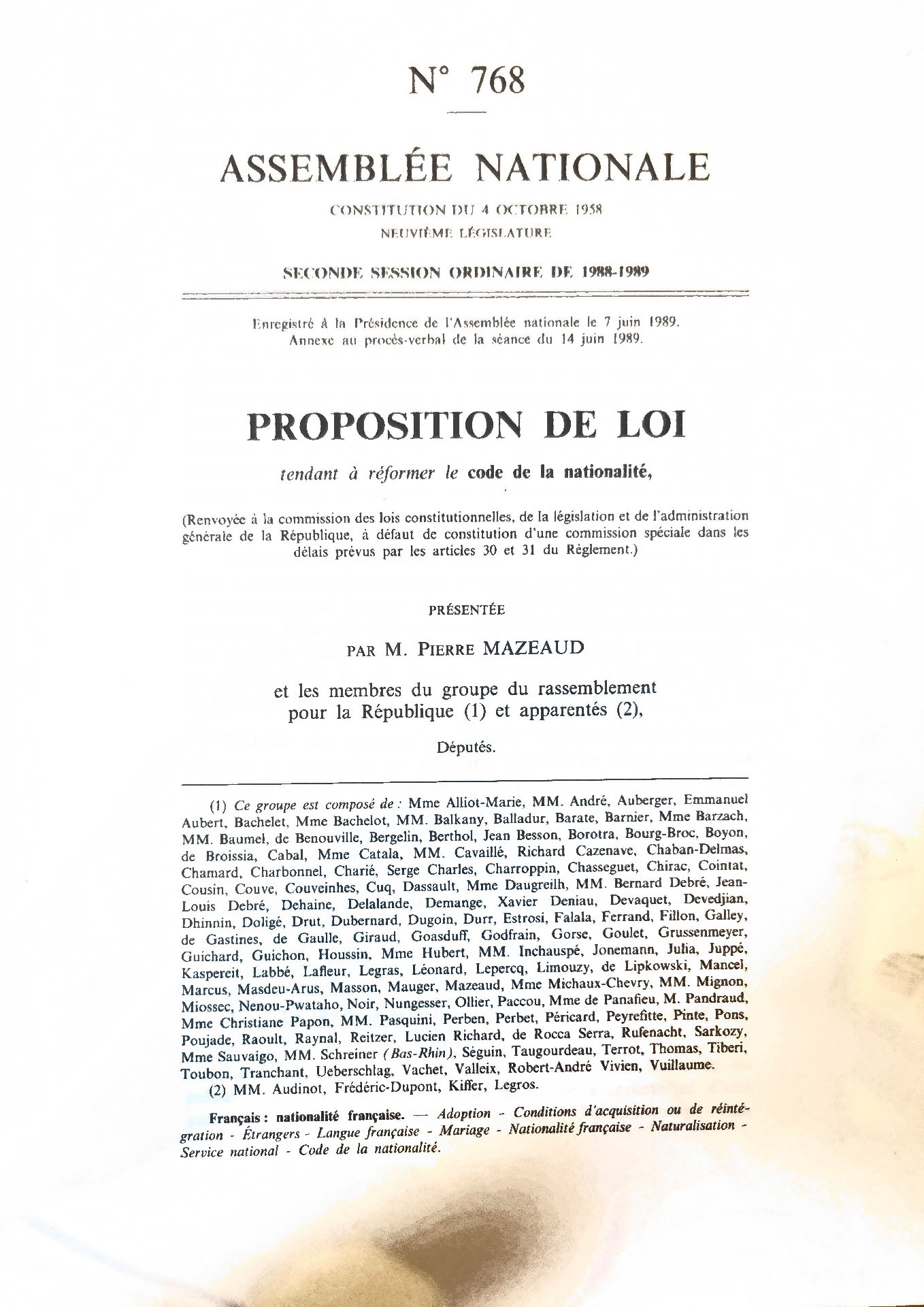 PROPOSITION DE LOI tendant à réformer le code de la nationalité