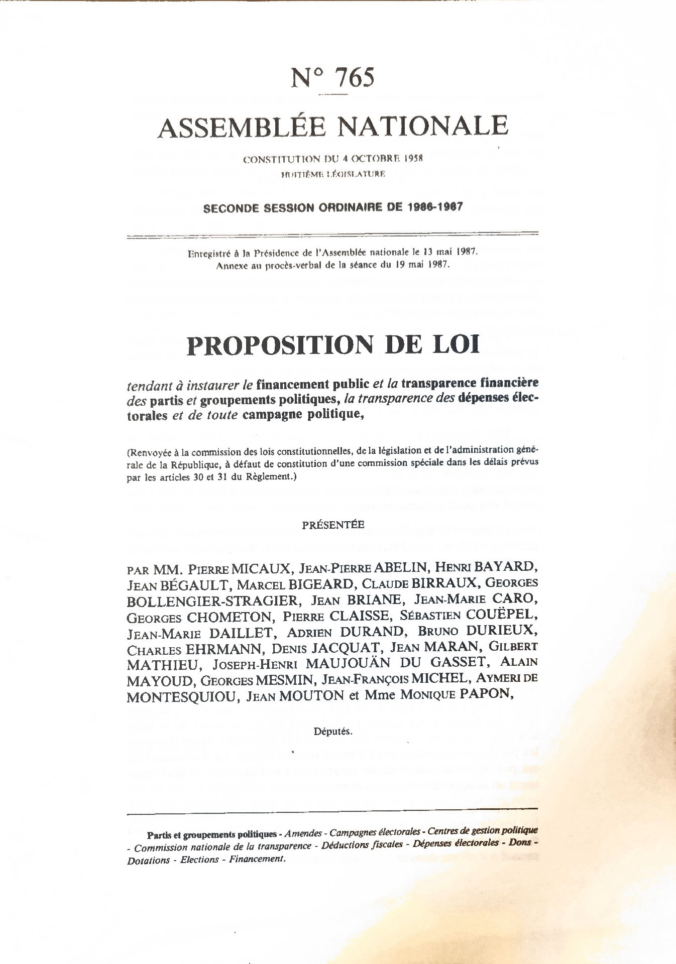 PROPOSITION DE LOI tendant à instaurer le financement public et la transparence financière des partis et groupements politiques, la transparence des dépenses électorales et de toute campagne politique