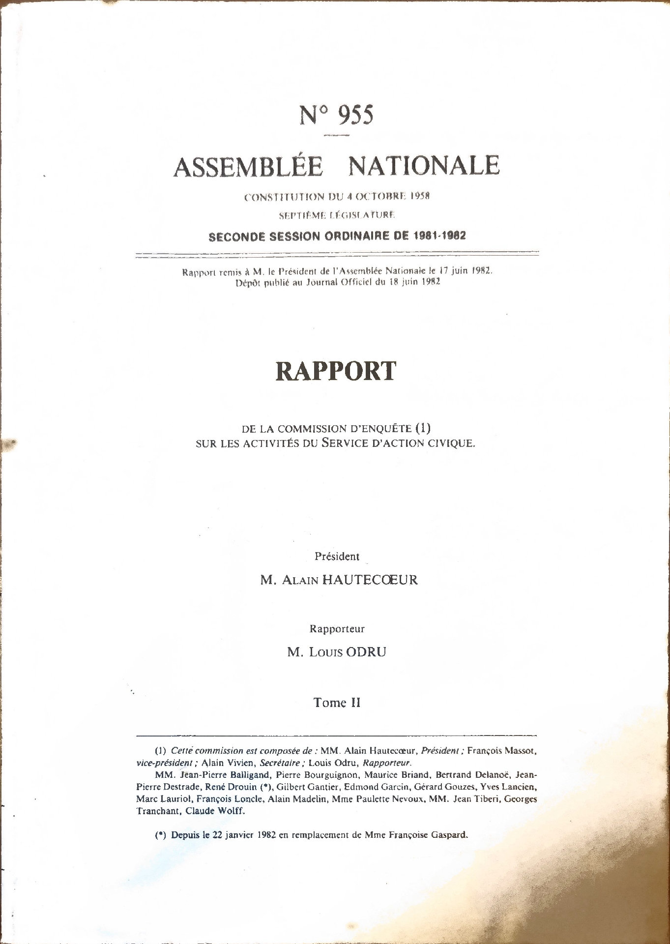 RAPPORT DE LA COMMISSION D&rsquo;ENQUÊTE SUR LES ACTIVITÉS DU SERVICE D&rsquo;ACTION CIVIQUE. Tome II.