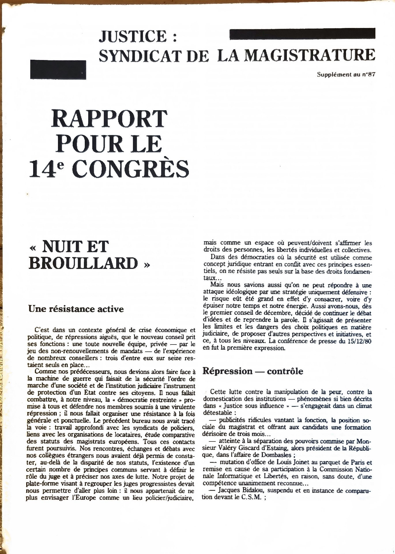 JUSTICE : SYNDICAT DE LA MAGISTRATURE – RAPPORT POUR LE 14e CONGRÈS – « NUIT ET BROUILLARD »