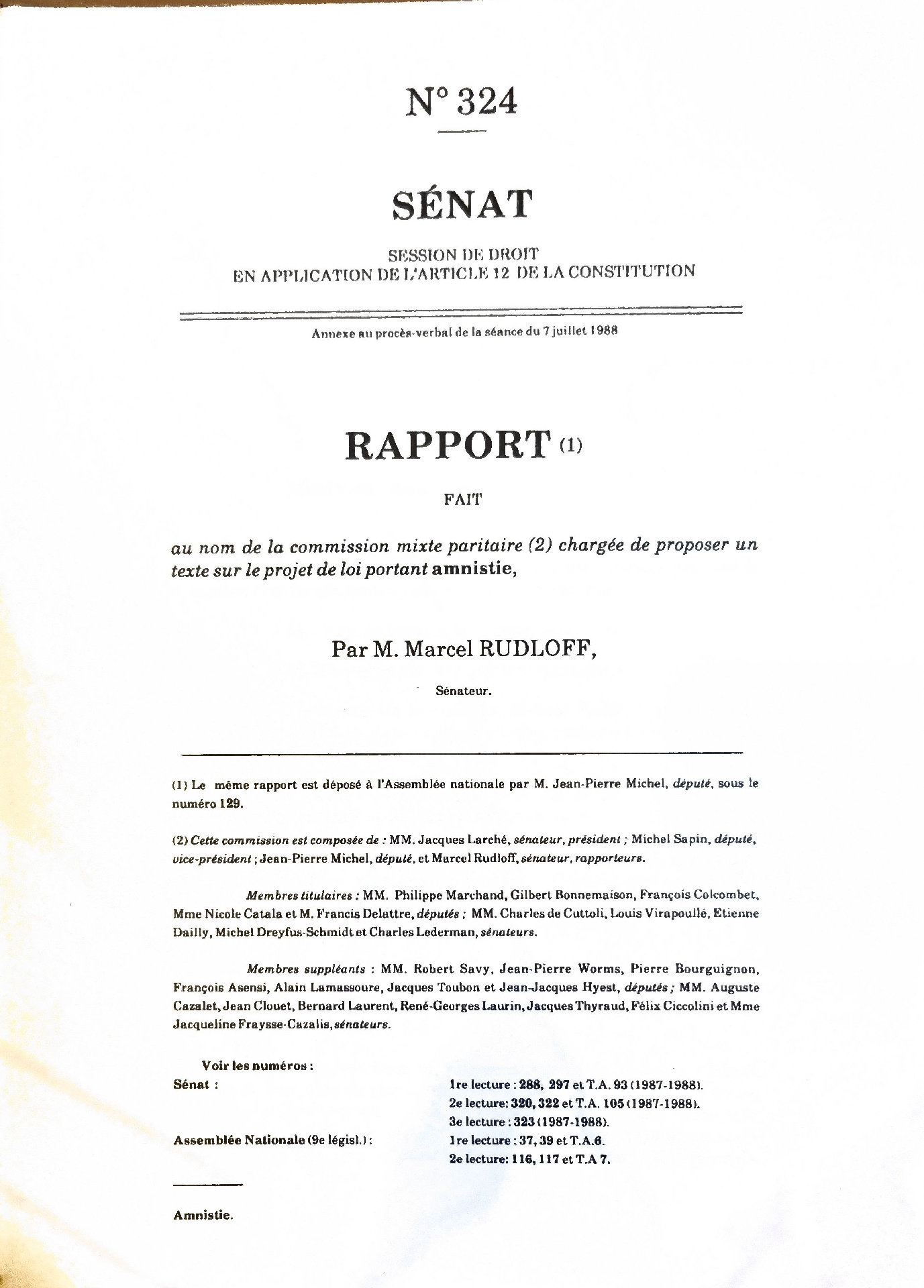 Rapport fait au nom de la commission mixte paritaire chargée de proposer un texte sur le projet de loi portant amnistie