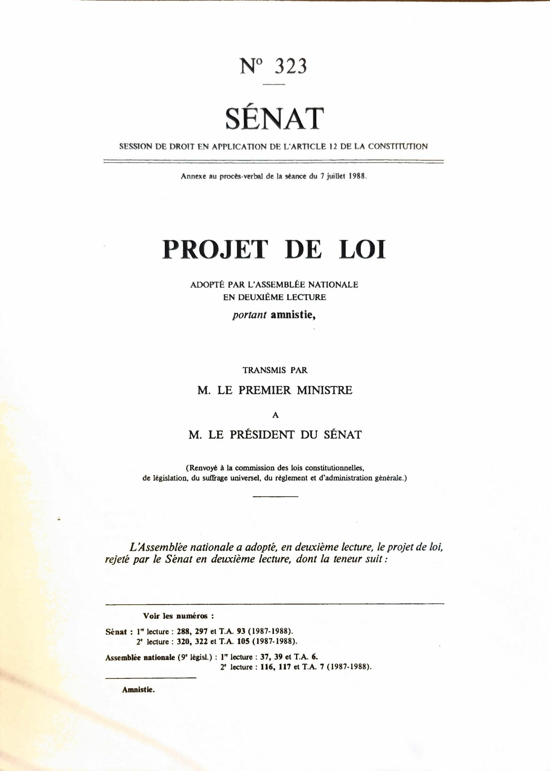 Projet de loi portant amnistie (adopté par l&rsquo;Assemblée Nationale en deuxième lecture)