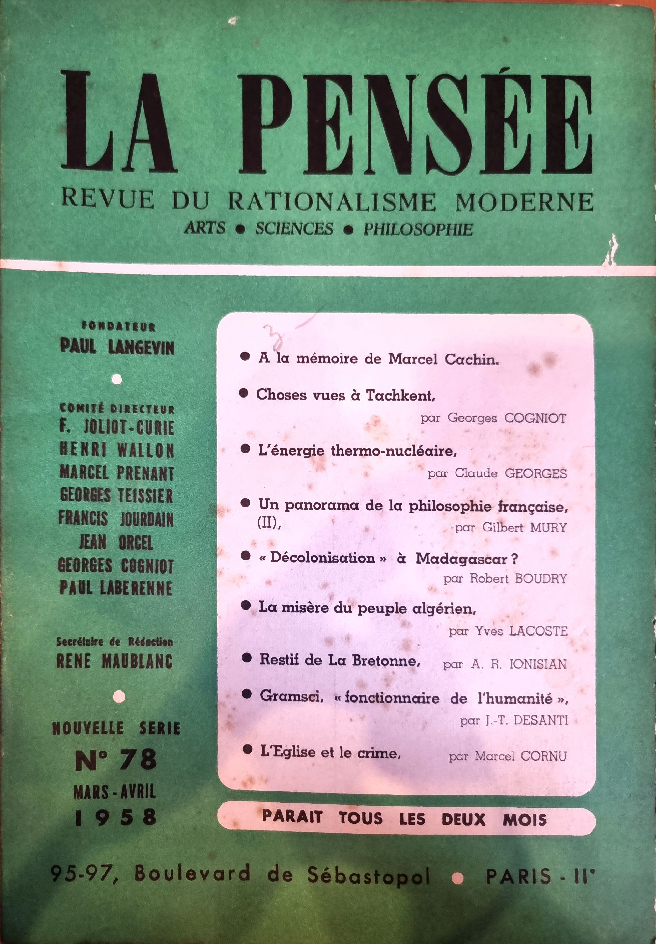LA PENSEE : Revue du rationalisme moderne, N° 78