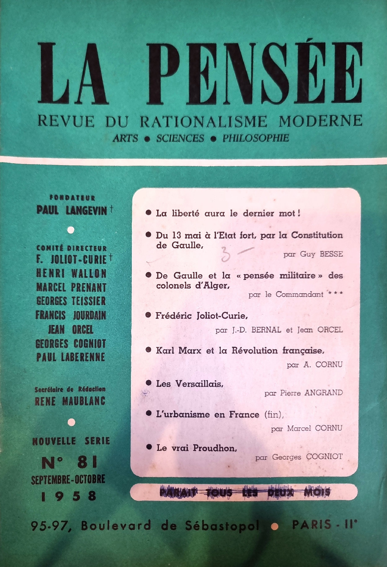 La Pensée : Revue du Rationalisme Moderne, Nouvelle Série, N° 81