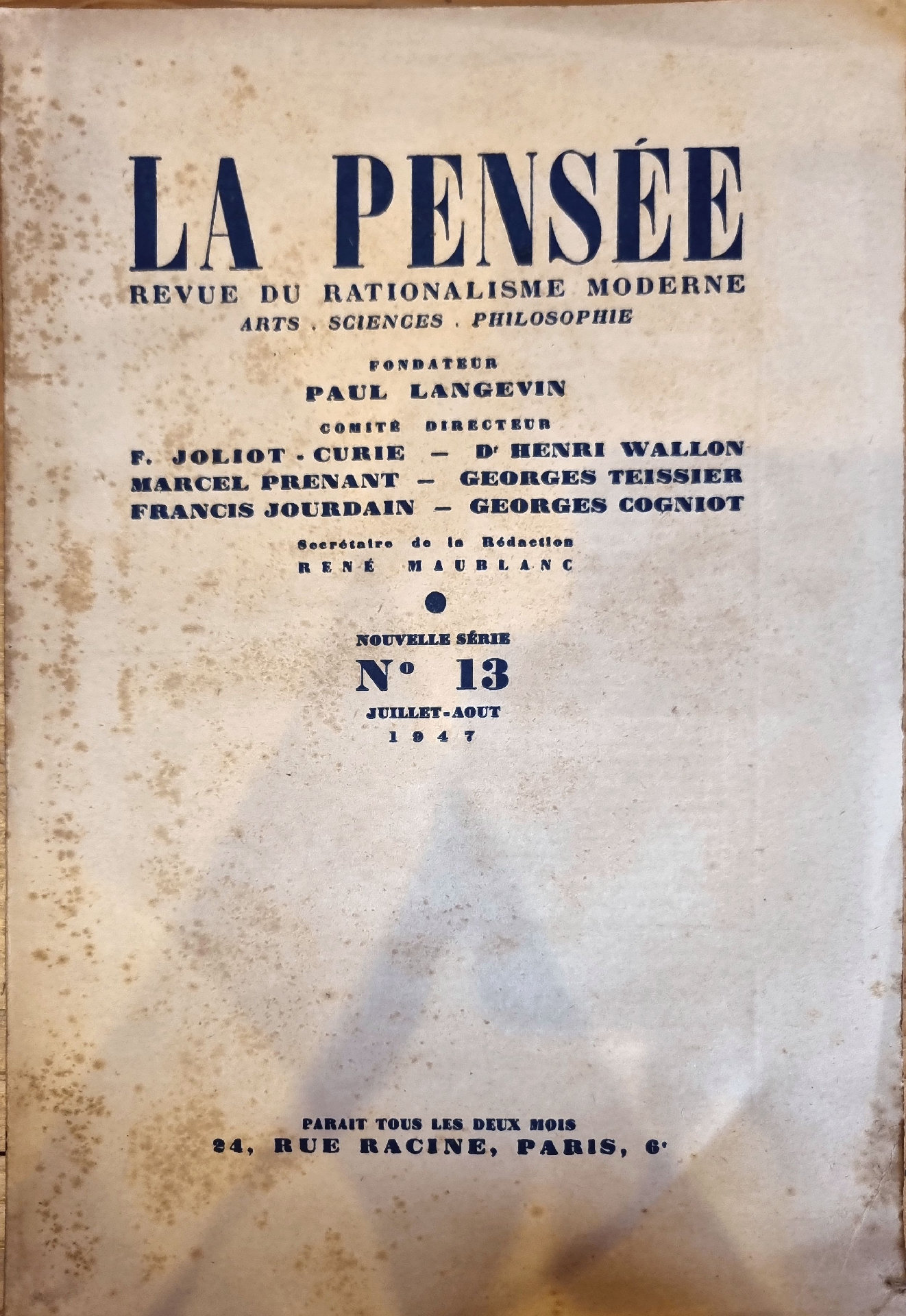 La Pensée, Revue du Rationalisme Moderne, Nouvelle Série, N° 13
