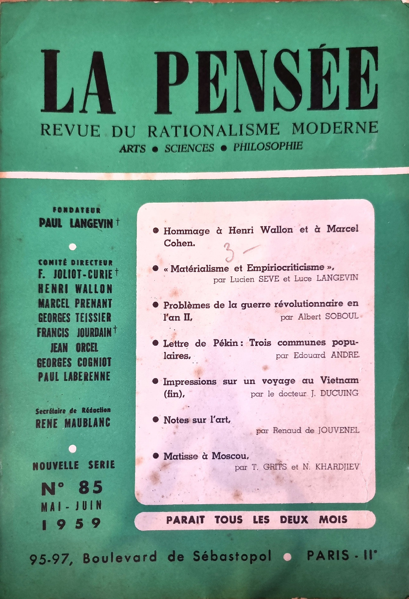 La Pensée: Revue du Rationalisme Moderne, Nouvelle Série N° 85