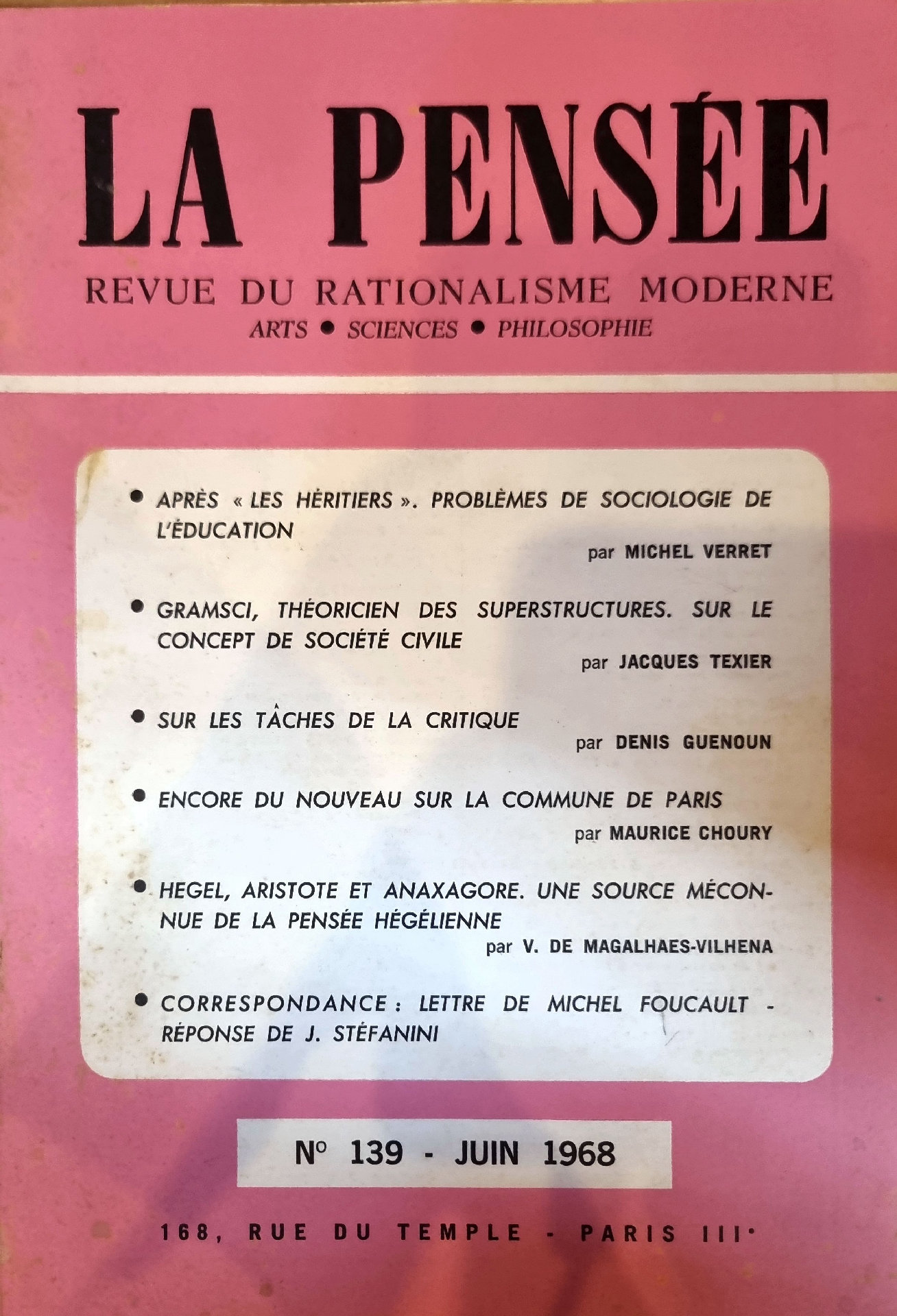 La Pensée : Revue du Rationalisme Moderne, N° 139
