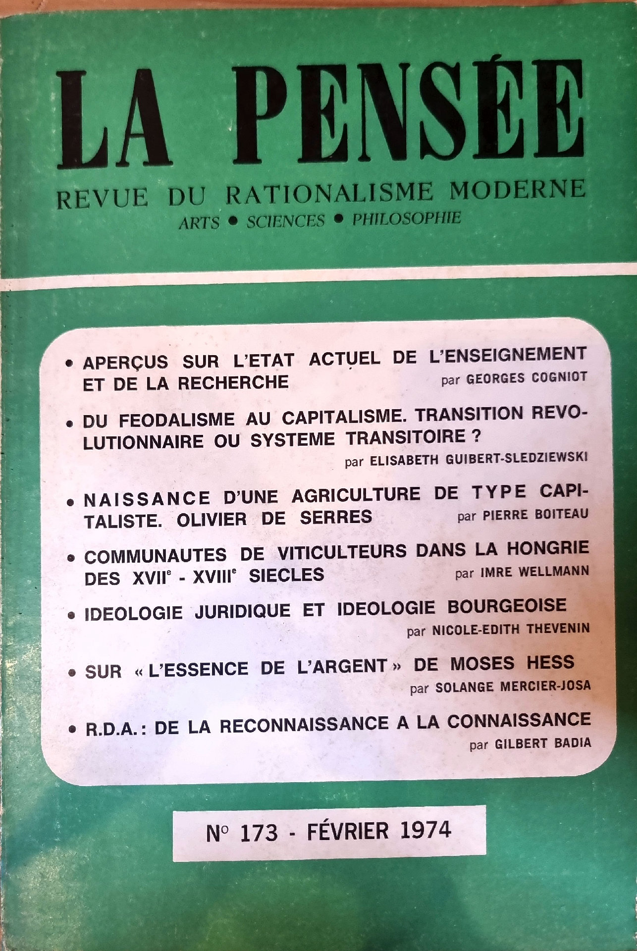 La Pensée : Revue du Rationalisme Moderne, N° 173 – Février 1974