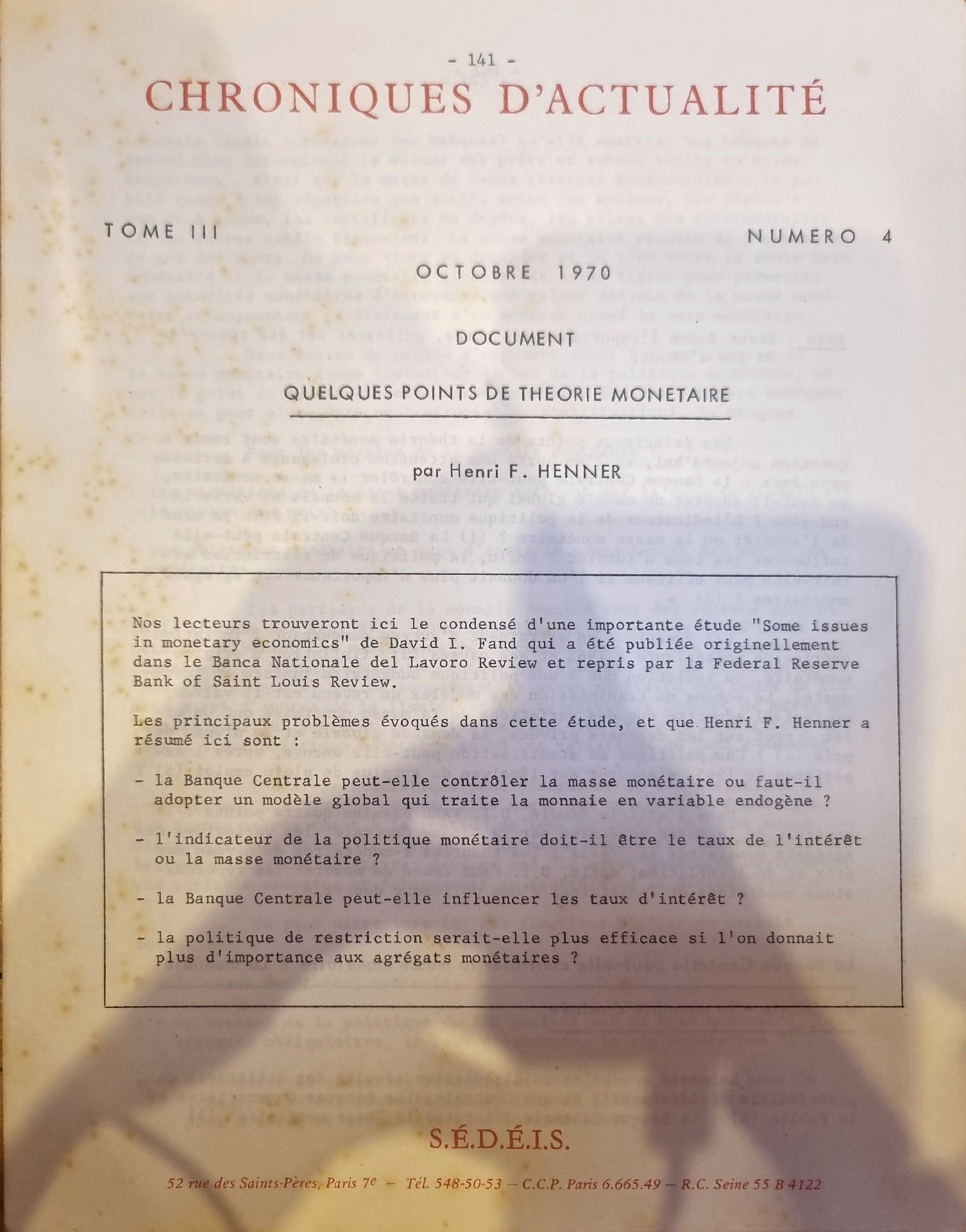 Quelques points de théorie monétaire