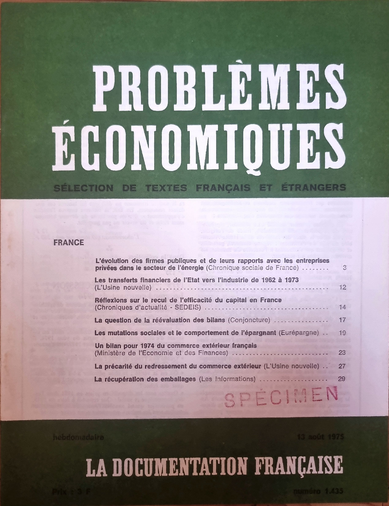Problèmes Économiques : Sélection de Textes Français et Étrangers, Numéro 1.433
