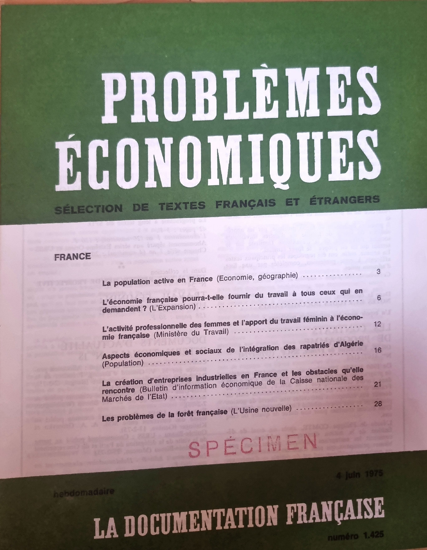 Problèmes économiques : Sélection de textes français et étrangers, n° 1.425
