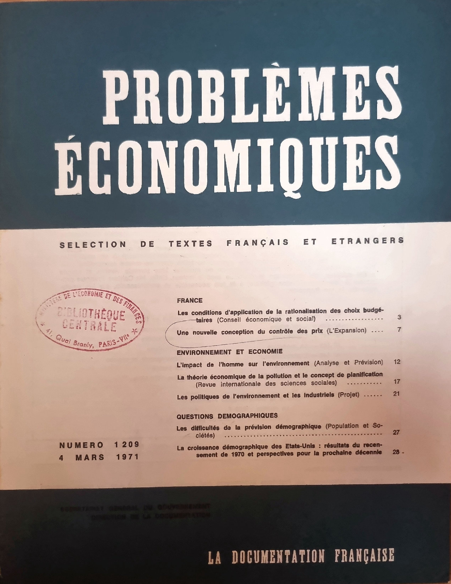 Problèmes Économiques : Sélection de Textes Français et Étrangers