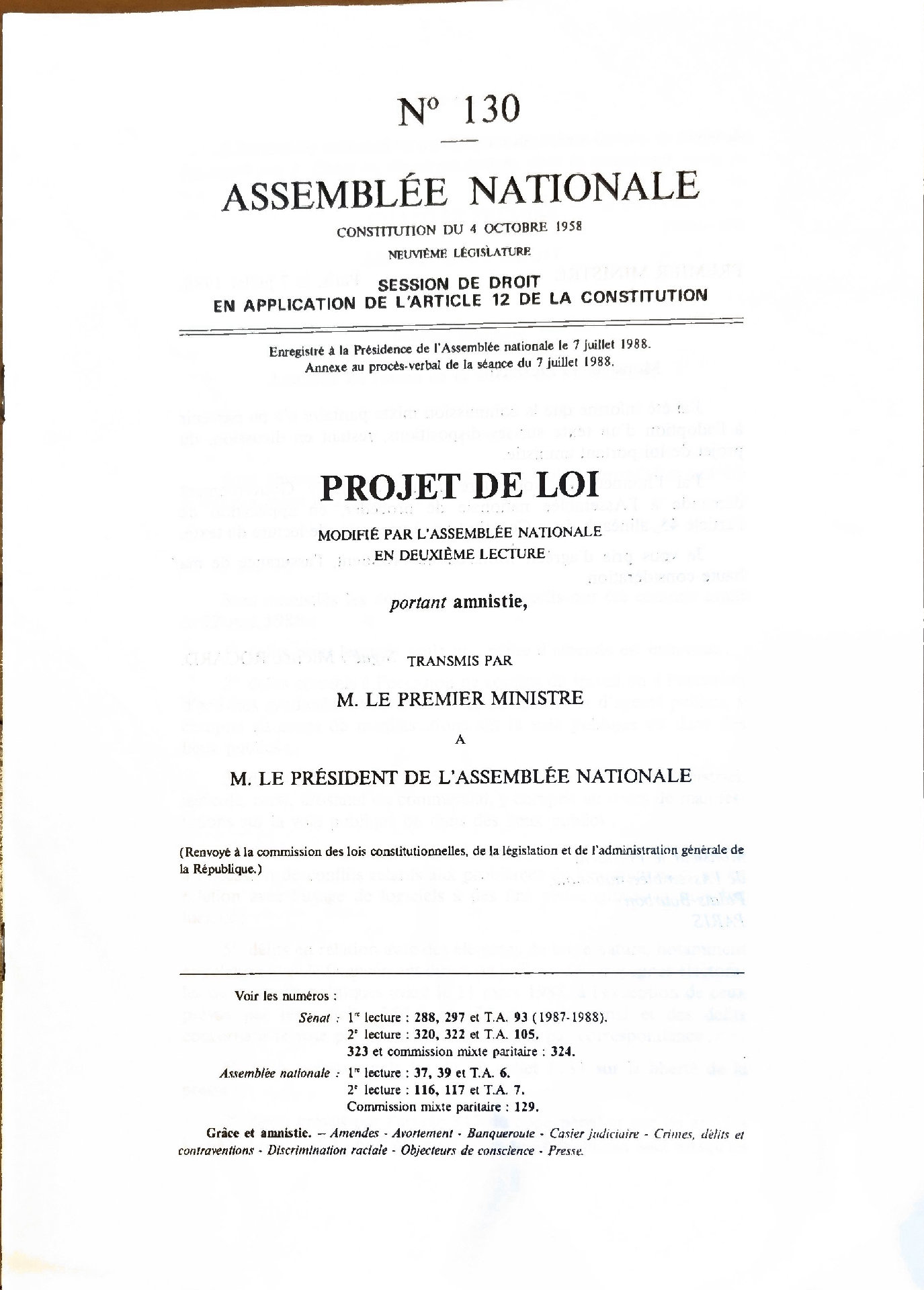 PROJET DE LOI MODIFIÉ PAR L&rsquo;ASSEMBLÉE NATIONALE EN DEUXIÈME LECTURE portant amnistie